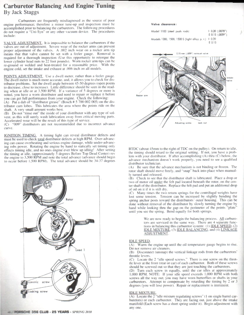 Jack Staggs carburetor balancing and engine tuning article, page 1 — two columns of typeset text under the heading Carburetor Balancing And Engine Tuning by Jack Staggs.