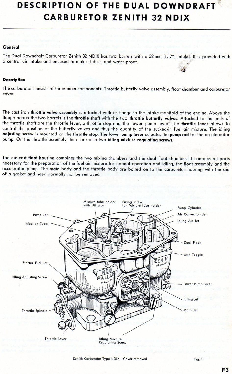 Zenith 32 NDIX workshop manual page F3 — Description of the Dual Downdraft Carburetor, with a labeled line drawing of the carburetor with cover removed (Fig. 1)