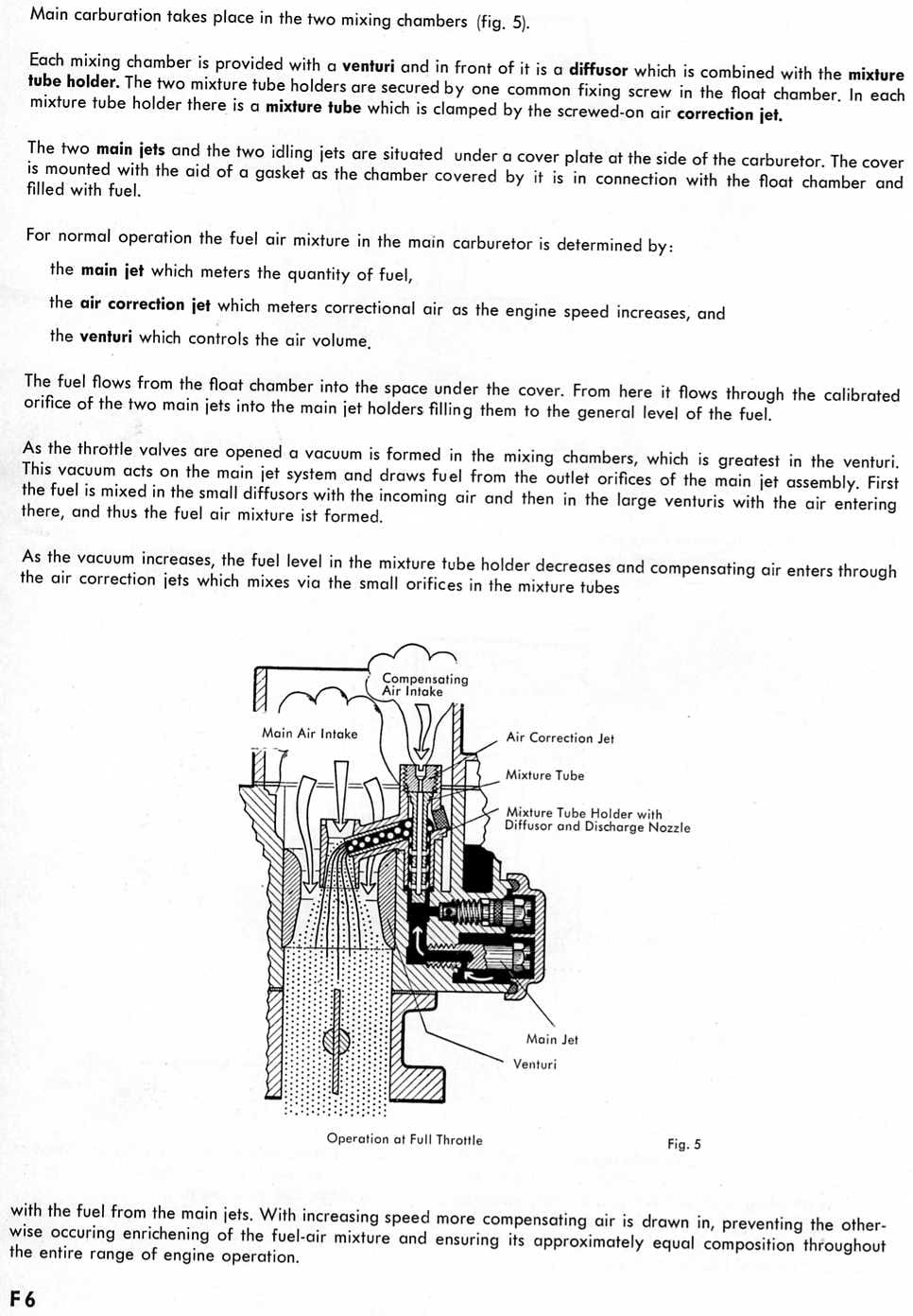 Zenith 32 NDIX workshop manual page F6 — text on main carburation with a cutaway diagram of the mixing chamber at full throttle (Fig. 5)