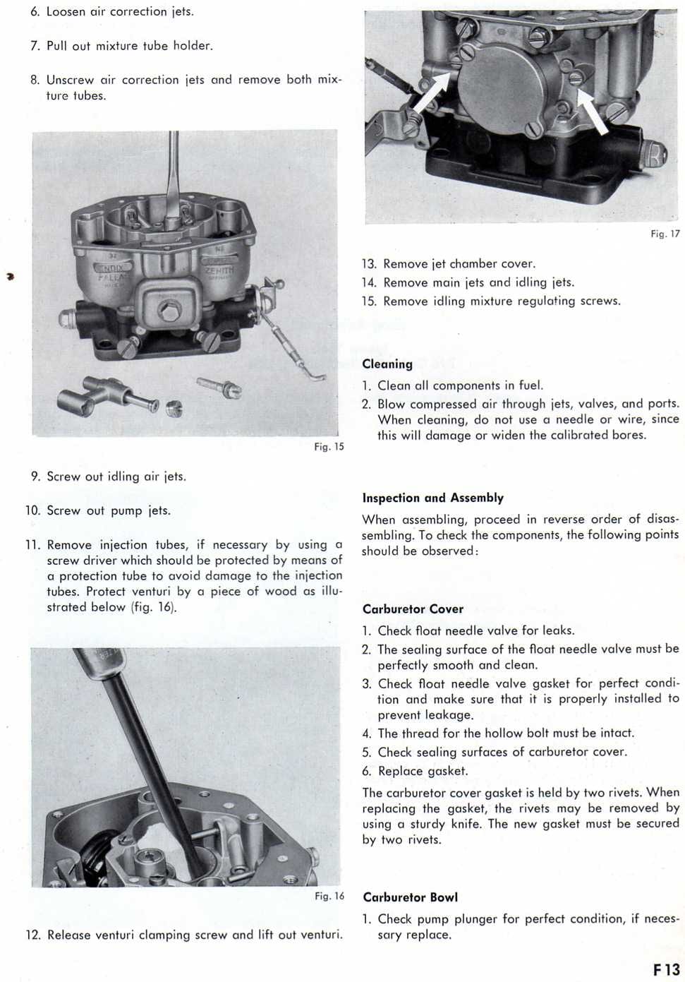 Zenith 32 NDIX workshop manual page F13 — disassembly and inspection instructions with three carburetor photographs (Figs. 15, 16, 17)