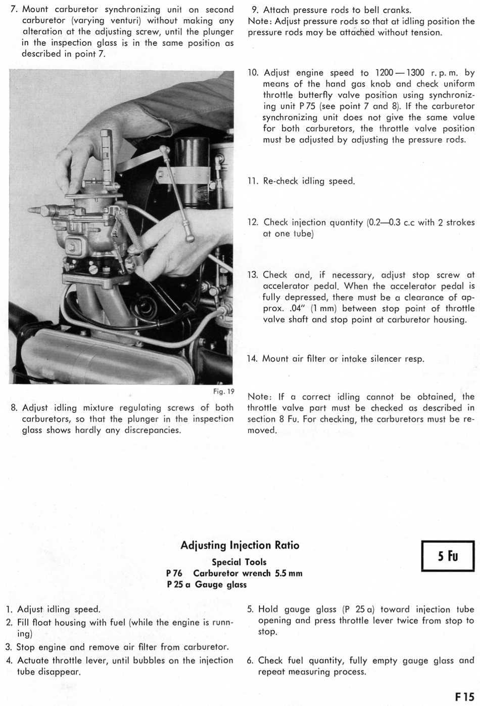 Zenith 32 NDIX workshop manual page F15 — idling adjustment and injection-ratio instructions with a photograph of the synchronizing unit on the engine (Fig. 19)