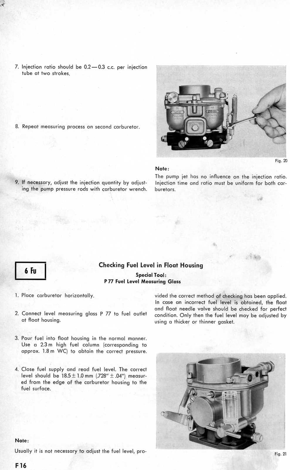 Zenith 32 NDIX workshop manual page F16 — adjusting injection ratio and checking fuel level instructions with two carburetor photographs (Figs. 20 and 21)