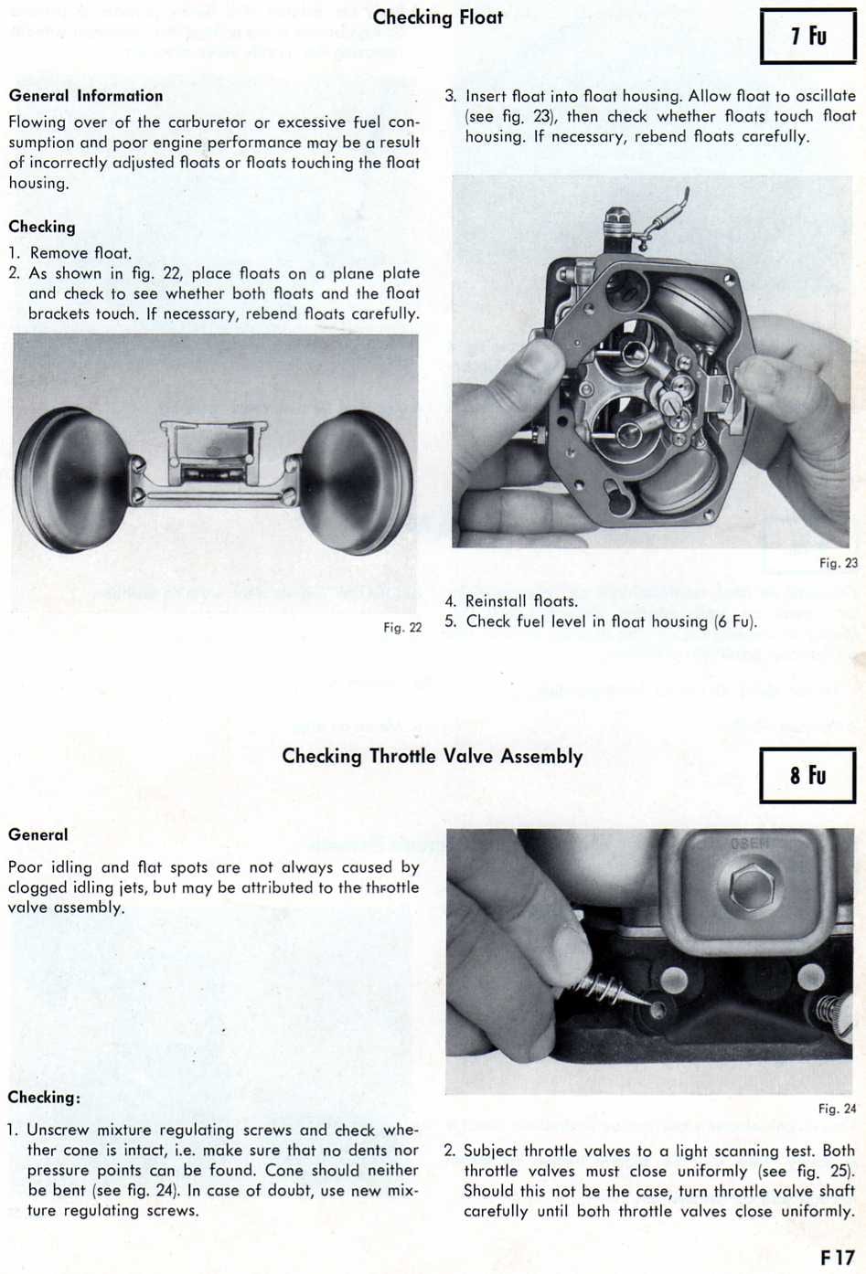 Zenith 32 NDIX workshop manual page F17 — Checking Float and Checking Throttle Valve Assembly instructions with photographs (Figs. 22, 23, 24)