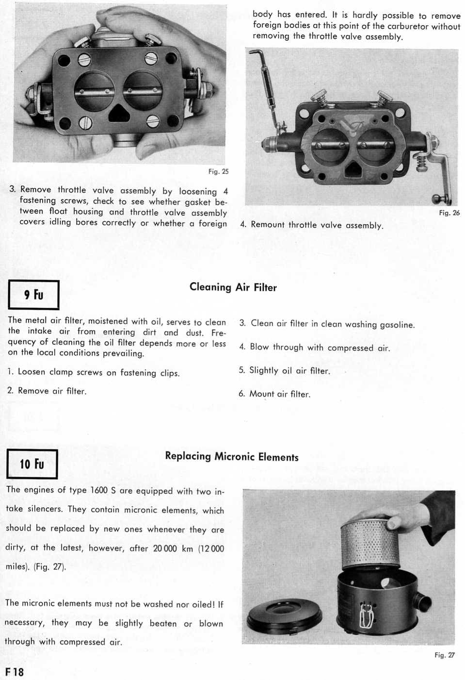 Zenith 32 NDIX workshop manual page F18 — throttle valve, Cleaning Air Filter and Replacing Micronic Elements instructions with photographs (Figs. 25, 26, 27)
