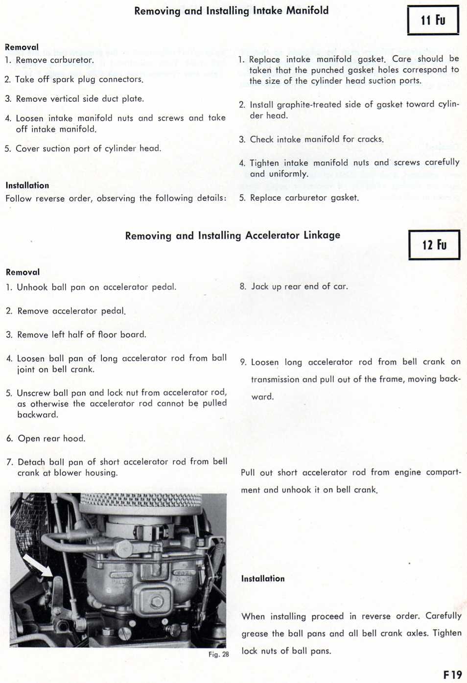 Zenith 32 NDIX workshop manual page F19 — Removing and Installing Intake Manifold and Accelerator Linkage instructions with an engine-bay photograph (Fig. 28)