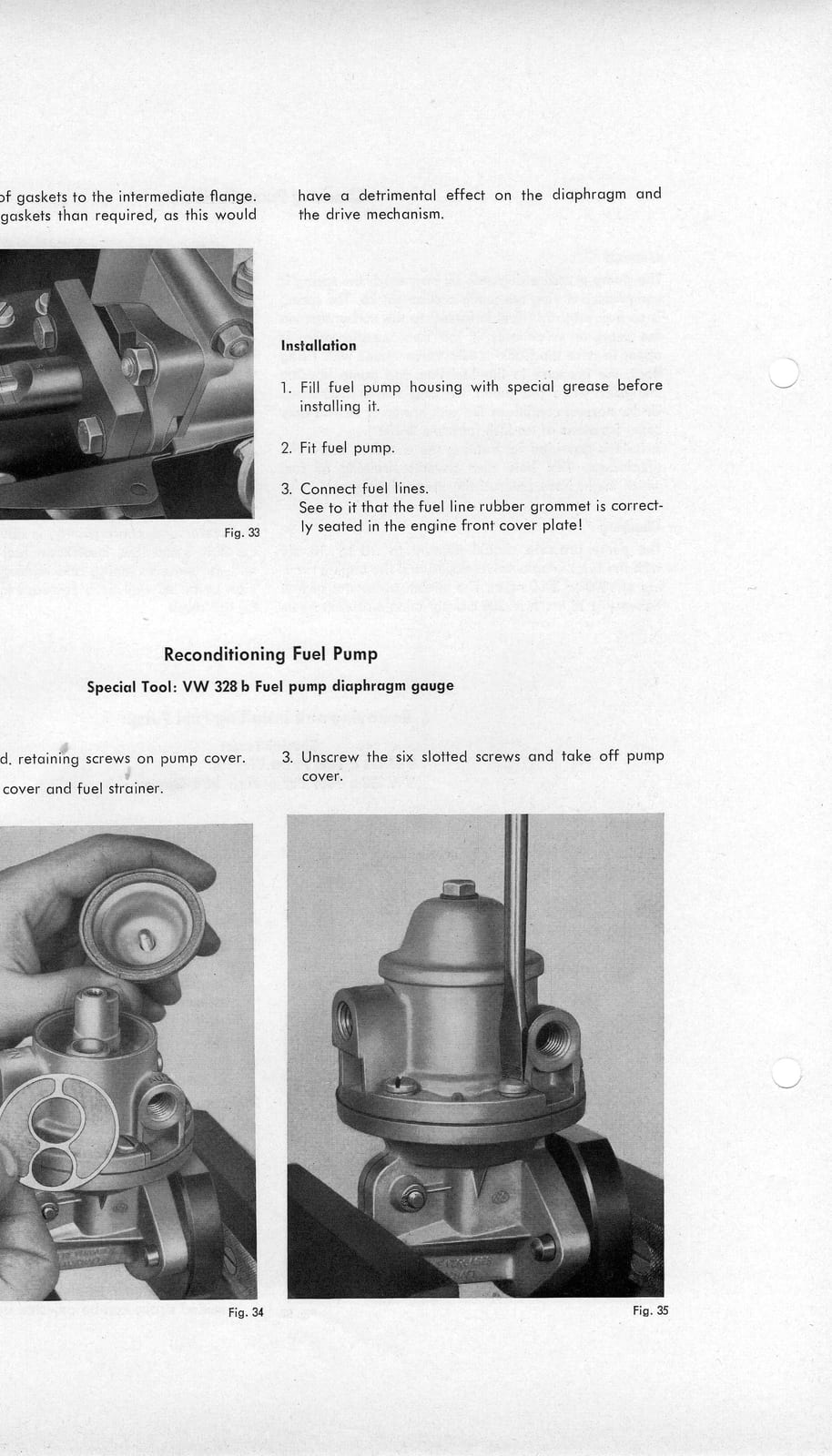 Zenith 32 NDIX workshop manual page — fuel pump installation and Reconditioning Fuel Pump instructions with photographs (Figs. 33, 34, 35)