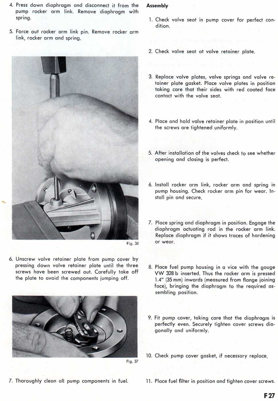 Zenith 32 NDIX workshop manual page F27 — fuel pump disassembly and assembly instructions with two photographs (Figs. 36 and 37)