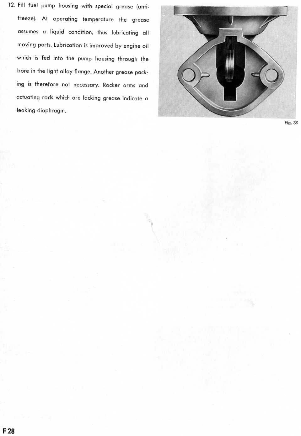 Zenith 32 NDIX workshop manual page F28 — fuel pump grease lubrication note with a photograph of the pump flange (Fig. 38)