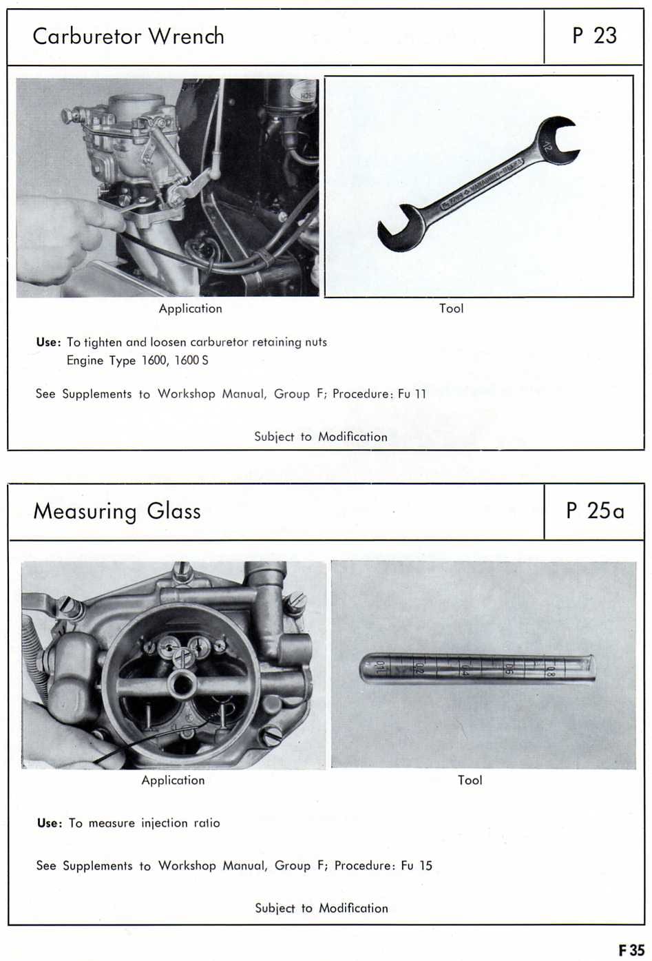 Zenith 32 NDIX workshop manual page F35 — special tool reference cards for the P 23 Carburetor Wrench and P 25a Measuring Glass with application and tool photographs