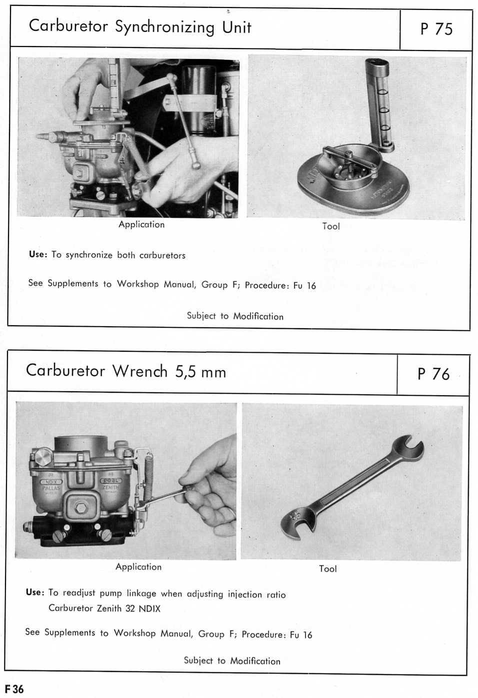 Zenith 32 NDIX workshop manual page F36 — special tool reference cards for the P 75 Carburetor Synchronizing Unit and P 76 Carburetor Wrench 5.5 mm with application and tool photographs
